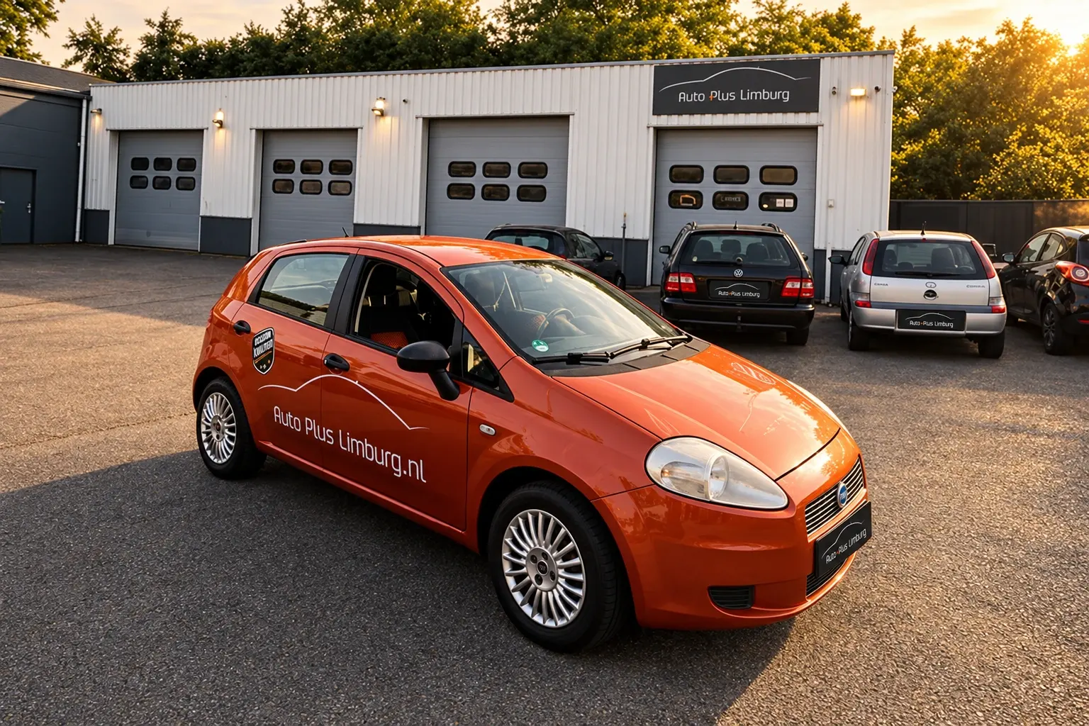De werkplaats van Auto Plus Limburg in Schimmert, met een auto van de zaak ervoor